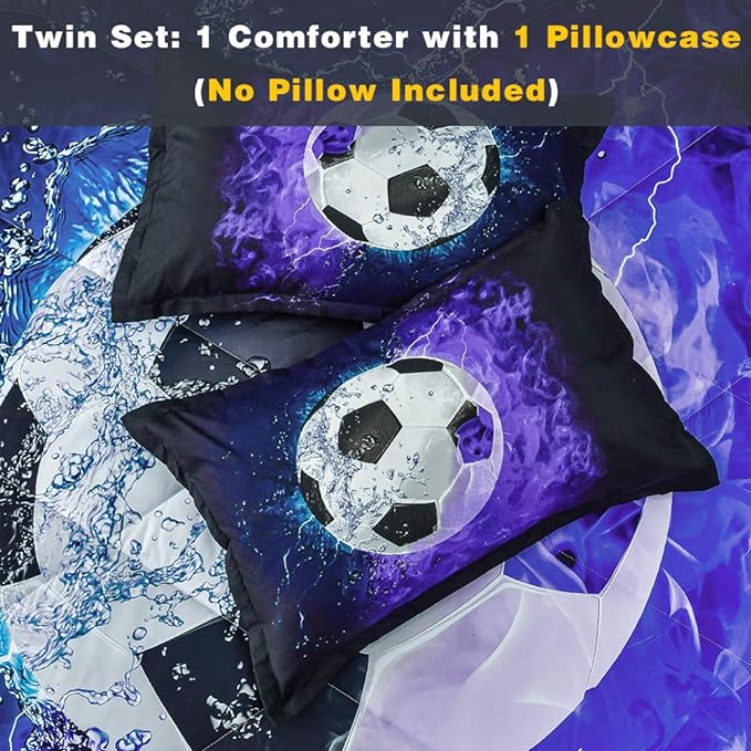 Andency Soccer Comforter Twin(66x90 Inch), 2 Pieces(1 Soccer Comforter, 1 Pillowcase) Blue Flame Soccer Comforter Set Sport Microfiber Bedding Set for Boy Girl Kids, Teen - LeafyLoom