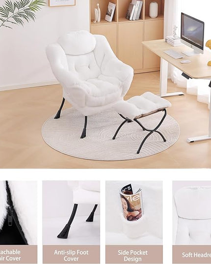 LITA Lazy Chair with Ottoman, Modern Accent Leisure Upholstered Sofa Chair, Lounge Reading Chair with Armrests and a Side Pocket for Living Room, Bedroom & Small Space, Plush White - LeafyLoom