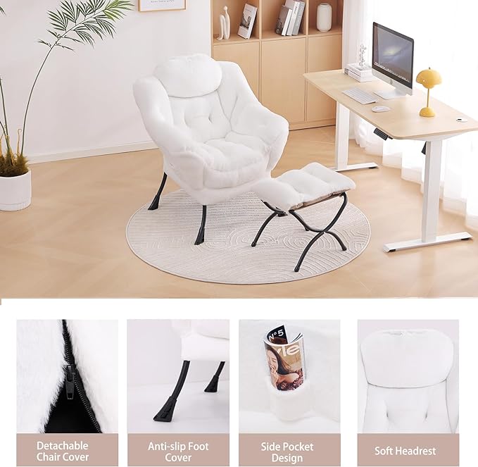 LITA Lazy Chair with Ottoman, Modern Accent Leisure Upholstered Sofa Chair, Lounge Reading Chair with Armrests and a Side Pocket for Living Room, Bedroom & Small Space, Plush White - LeafyLoom