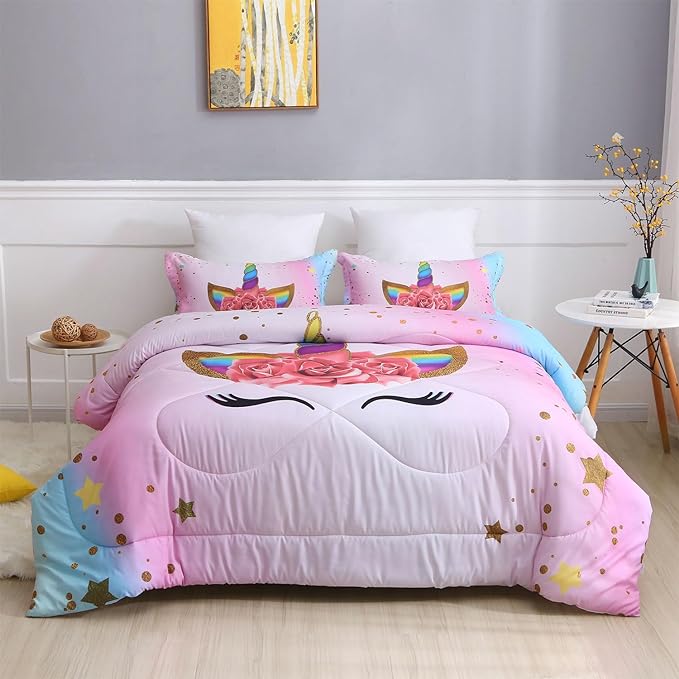 Unicorn Queen Bedding Sets for Girls Kids Comforter Set Queen Size with 2 Pillowcases Pink and Rainbow Unicorn Room Decor for Girls Bedroom Ultra Soft Machine Washable Toddler Bed Set - LeafyLoom