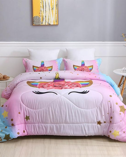 Kids Unicorn Bedding Set Twin Size for Girls, Pink Rainbow Girls Twin Comforter Set with 2 Pillowcases, Floral Kids Unicorn Bed Set Twin, Unicorn Room Decor for Girls Bedroom, All Season - LeafyLoom