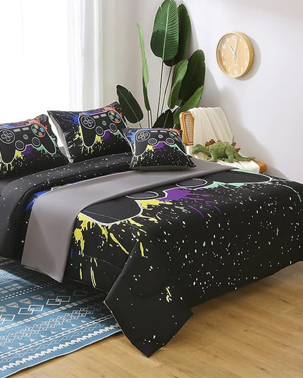 JQinHome Queen Gamer Comforter Sets for Boys&Girls,6 Piece Bed in A Bag 3D Video Game Bedding -All Season Microfiber Gamer Bedding Sets for Kids, with Pillowcase, Flat & Fitted Sheet,Cushion Cover - LeafyLoom