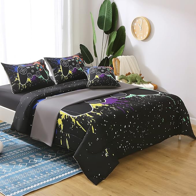 JQinHome Queen Gamer Comforter Sets for Boys&Girls,6 Piece Bed in A Bag 3D Video Game Bedding -All Season Microfiber Gamer Bedding Sets for Kids, with Pillowcase, Flat & Fitted Sheet,Cushion Cover - LeafyLoom