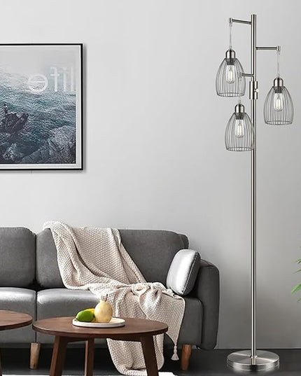 Dimmable Floor Lamp, Metal, 3 x 800LM LED Edison Bulbs Included, Industrial Floor Lamp Standing Tree Lamp with Elegant Teardrop Cage Heads Tall Lamps for Living Room Bedroom-Brushed Nickel - LeafyLoom