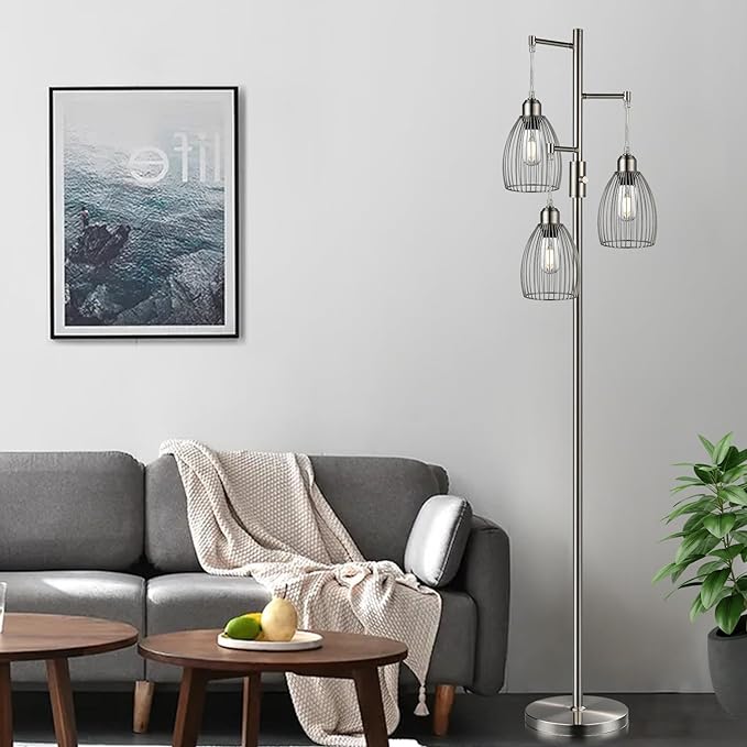 Dimmable Floor Lamp, Metal, 3 x 800LM LED Edison Bulbs Included, Industrial Floor Lamp Standing Tree Lamp with Elegant Teardrop Cage Heads Tall Lamps for Living Room Bedroom-Brushed Nickel - LeafyLoom