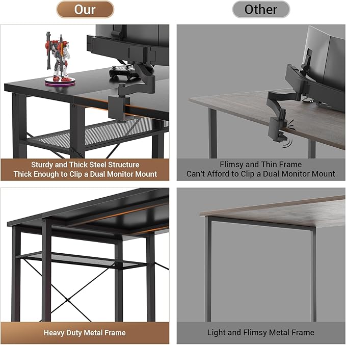 armocity Computer Desk with LED Lights, 48 Inch Reversible Large Desk with Power Outlet and USB, 48'' Gaming PC Table with Moveable Monitor Stand for Home Office, Workstation, Black - LeafyLoom