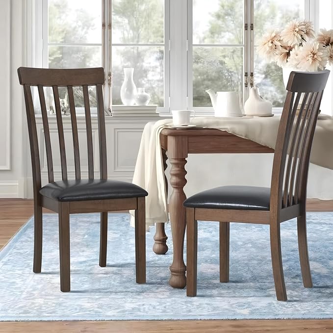 COLAMY Wooden Dining Chairs Set of 4, PU Leather Dining Room Kitchen Side Chair with Spindle High Back and Adjustable Foot Pegs - LightBrown - LeafyLoom