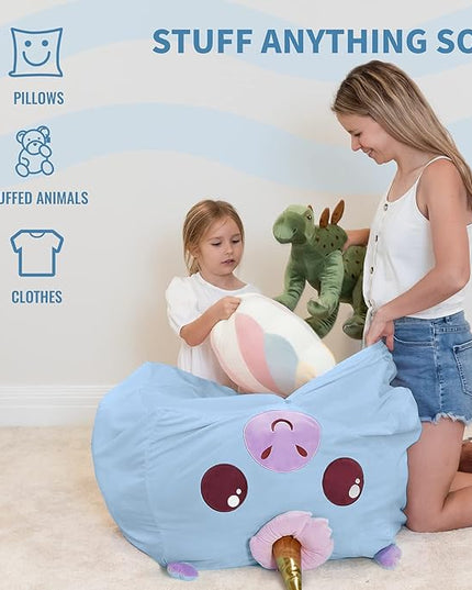 Aubliss Unicorn Stuffed Animal Storage Bean Bag Chair for Kids, Velvet Extra Soft Beanbag Chairs Cover, X-Large Stuffable Zipper Bean Bag for Organizing Plush Toys Girls Bedroom Decor, Blue - LeafyLoom