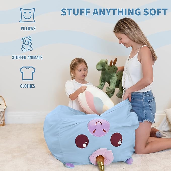 Aubliss Unicorn Stuffed Animal Storage Bean Bag Chair for Kids, Velvet Extra Soft Beanbag Chairs Cover, X-Large Stuffable Zipper Bean Bag for Organizing Plush Toys Girls Bedroom Decor, Blue - LeafyLoom