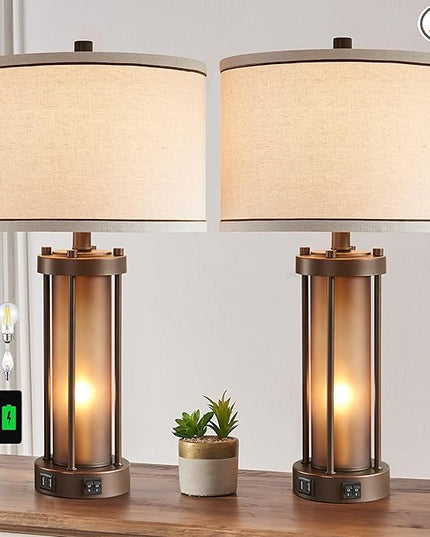 Set of 2 Farmhouse Table Lamps for Living Room with 2 USB Ports, Vintage Rustic Nightstand Lamps with Amber Glass Nightlight, Retro Desk Lamps for Bedroom Entryway, 4 Bulbs Included (Brown) - LeafyLoom