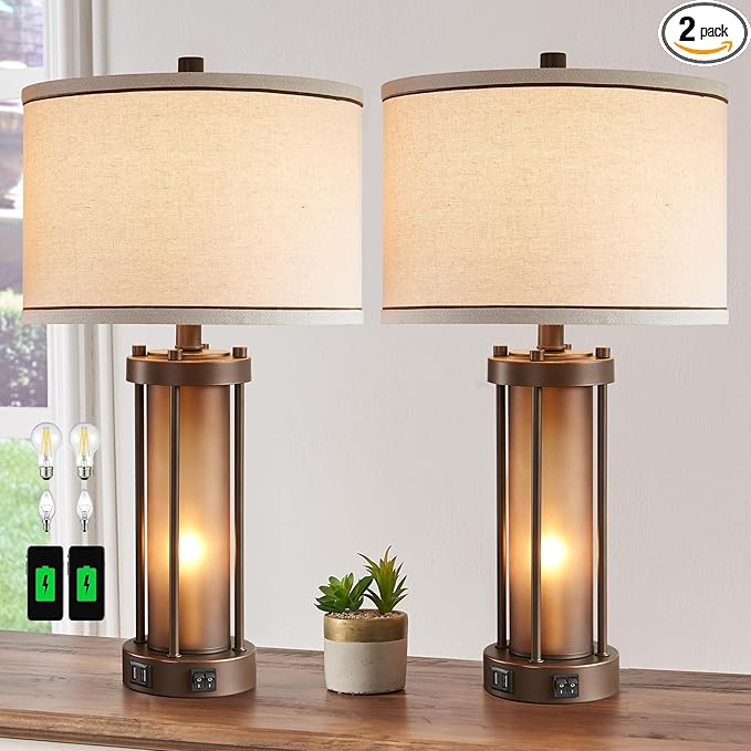 Set of 2 Farmhouse Table Lamps for Living Room with 2 USB Ports, Vintage Rustic Nightstand Lamps with Amber Glass Nightlight, Retro Desk Lamps for Bedroom Entryway, 4 Bulbs Included (Brown) - LeafyLoom