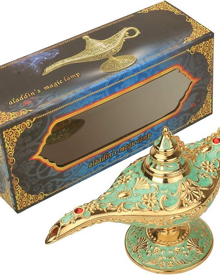Classic Aladding Magic Genie Lamp Legend Wishing Light Costume Lamp Metal Carved Cone Incense Burner for Home Tabletop Decoration Party Birthday Halloween Christmas(Light Jade Green) - LeafyLoom