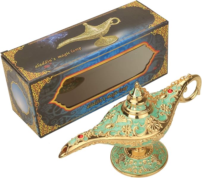 Classic Aladding Magic Genie Lamp Legend Wishing Light Costume Lamp Metal Carved Cone Incense Burner for Home Tabletop Decoration Party Birthday Halloween Christmas(Light Jade Green) - LeafyLoom