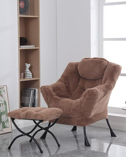 Lazy Chair with Ottoman, Modern Accent Chair Contemporary Lounge Leisure Upholstered Sofa Chair Set with Armrests, Reading Chair for Living Room, Bedroom, Office, Plush Brown - LeafyLoom