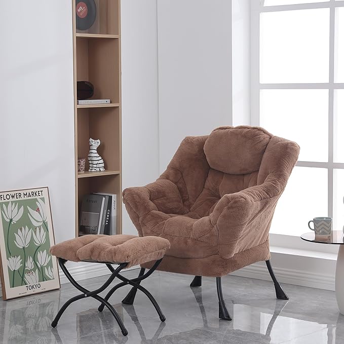 Lazy Chair with Ottoman, Modern Accent Chair Contemporary Lounge Leisure Upholstered Sofa Chair Set with Armrests, Reading Chair for Living Room, Bedroom, Office, Plush Brown - LeafyLoom