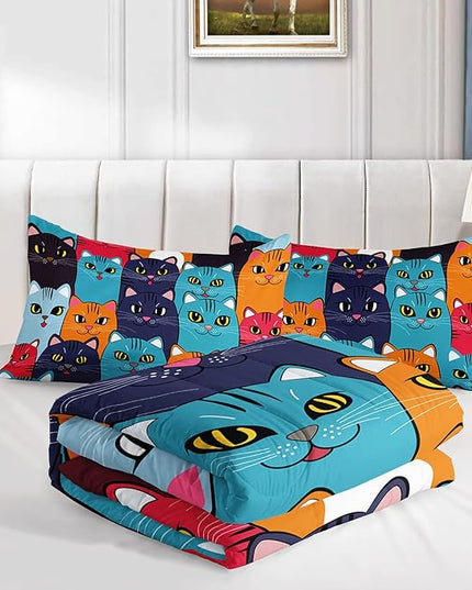 Axolotl Cartoon Cat Comforter Set Kids Bedding Twin Size,Cute Colorful Cat Bedding Set for Kids Boys Girls Adults Teens Room Decor,Kids Comforter Set All Season,1 Comforter 2 Pillow Cases - LeafyLoom