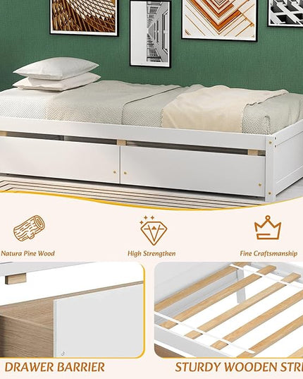 Twin Bed with 2 Storage Drawers, Solid Pinewood Twin Size Bed Frame,for Boys/Girls/Teens Bedroom, Easy to Assemble, No Box Spring Needed,White - LeafyLoom