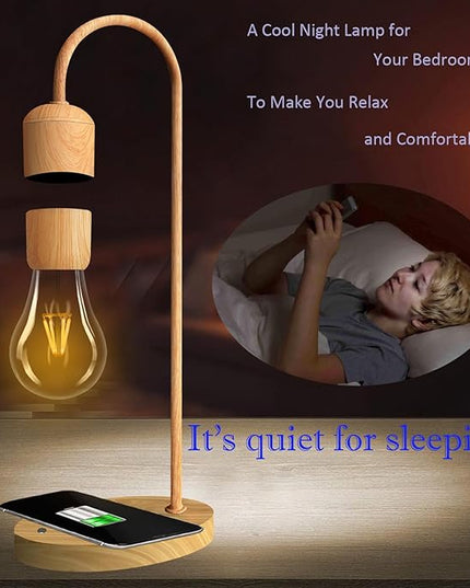 Magnetic Levitating Lamp with Wireless Phone Charging Pad Floating Light Bulb LED Night Light Wood Grain Table Lamp Levitation Desk Lamp for Office Home Decoration Christmas Gift - LeafyLoom
