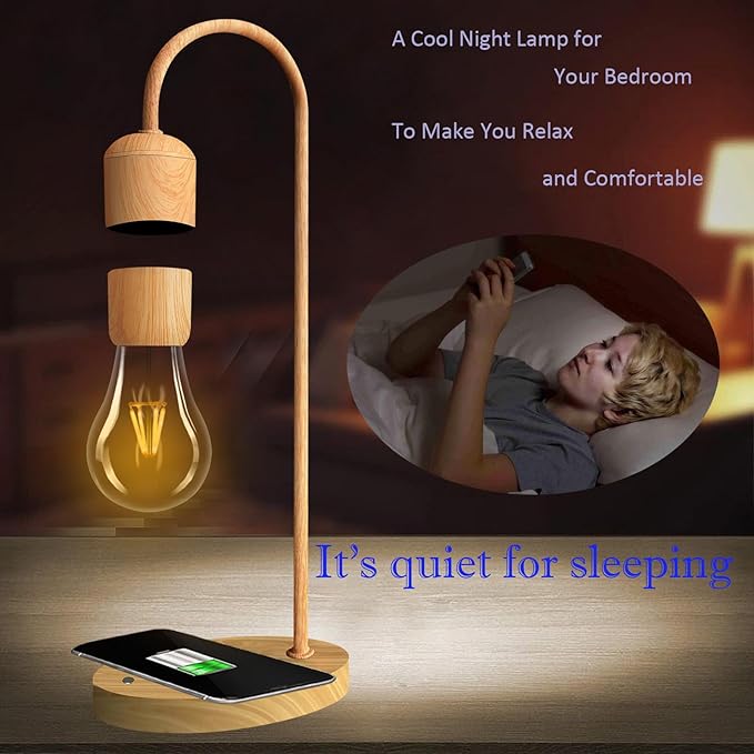 Magnetic Levitating Lamp with Wireless Phone Charging Pad Floating Light Bulb LED Night Light Wood Grain Table Lamp Levitation Desk Lamp for Office Home Decoration Christmas Gift - LeafyLoom