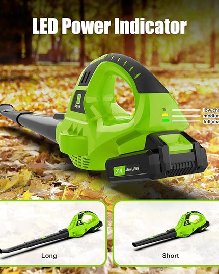 Leaf Blower Cordless,4.0Ah 21V Handheld Electric Leaf Blower with Battery and Charger, 2 Speed Mode, Lightweight Battery Powered Blowers for Lawn Care, Patio, Yard, Sidewalk,Snow Blowing - LeafyLoom