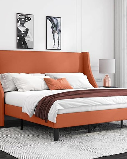 Allewie King Size Bed Frame, Platform Bed Frame with Upholstered Headboard, Modern Deluxe Wingback, Wood Slat Support, Mattress Foundation, Burnt Orange - LeafyLoom