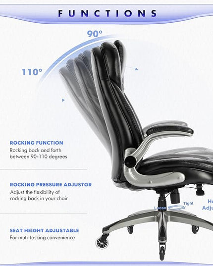 COLAMY Office Chair-Ergonomic Computer Desk Chair with Thick Seat for Comfort, High Back Executive Chair with Padded Flip-up Arms, Stylish Leather Chair with Upgraded Caster for Swivel (Black, 300lbs) - LeafyLoom
