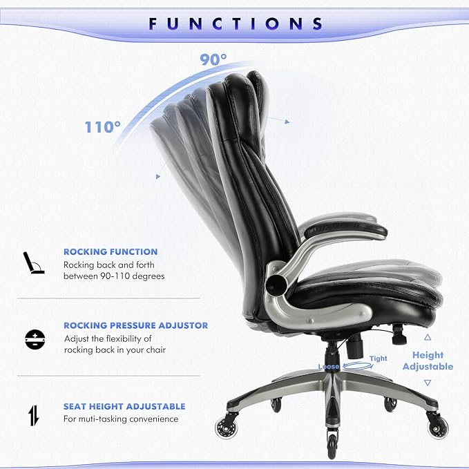 COLAMY Office Chair-Ergonomic Computer Desk Chair with Thick Seat for Comfort, High Back Executive Chair with Padded Flip-up Arms, Stylish Leather Chair with Upgraded Caster for Swivel (Black, 300lbs) - LeafyLoom