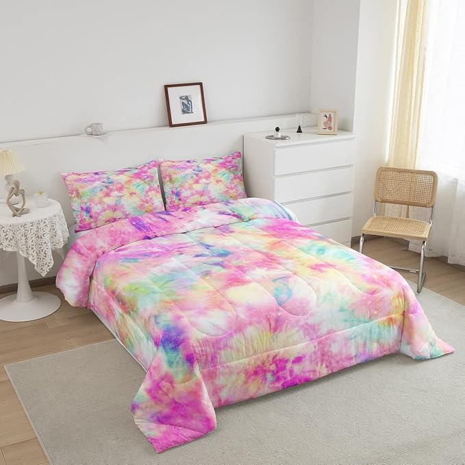 Erosebridal Kids Tie Dye Comforter Set, Bohemian Batik Down Comforter Queen Size, Boho Psychedelic Bedding Comforters for Children Girls Boys Teens Bedroom, Trippy Tattoo Watercolor Quilted Duvet - LeafyLoom