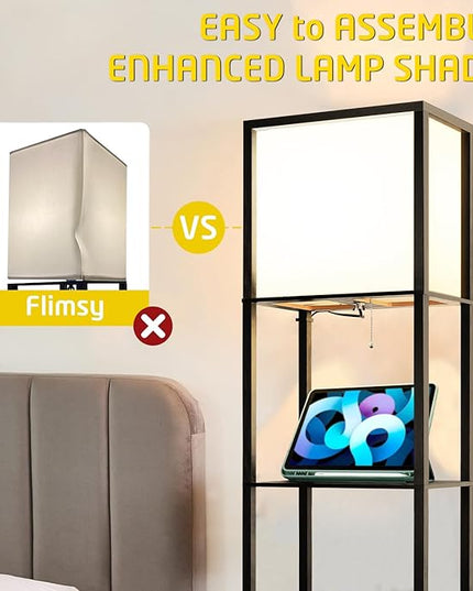 Wide Floor Lamp with Shelves for Living Room Bedroom Office, 4-Tier 2700 4000K 5000K Color Selectable Modern Shelf Floor Lamp with 15W LED Bulb Black. - LeafyLoom