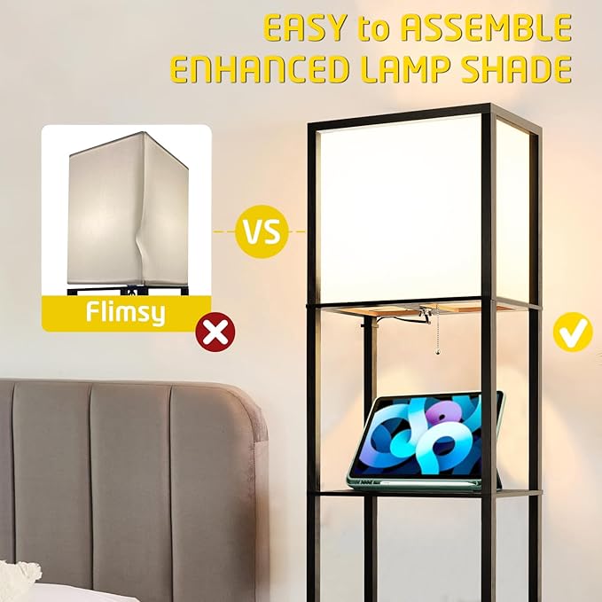 Wide Floor Lamp with Shelves for Living Room Bedroom Office, 4-Tier 2700 4000K 5000K Color Selectable Modern Shelf Floor Lamp with 15W LED Bulb Black. - LeafyLoom