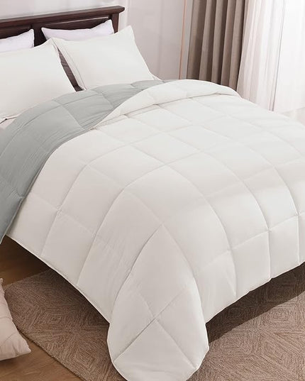 Basic Beyond King Size Comforter Set - Fluffy King Bed Comforter Set for All Seasons - Reversible White King Comforter Set - 3 Pieces (1 Comforter + 2 Pillow Shams) - White/Grey - LeafyLoom