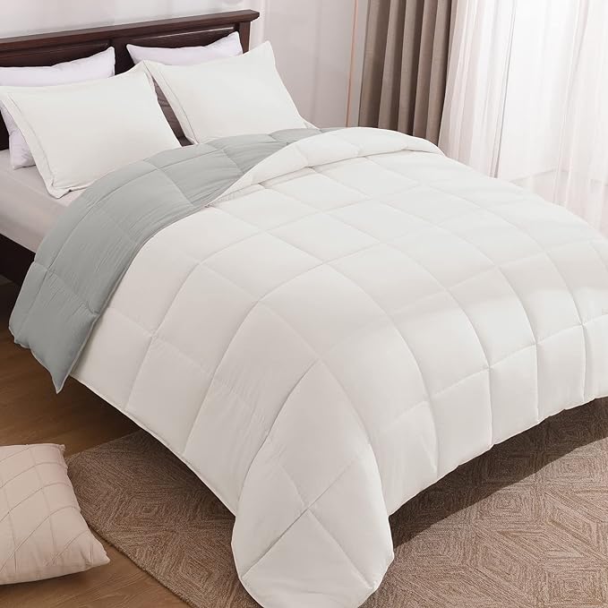 Basic Beyond Queen Comforter Set - Fluffy Comforter Queen Set for All Seasons - Reversible White Queen Comforter Set for Mens - 3 Pieces (1 Comforter + 2 Pillow Shams) - White/Grey - LeafyLoom