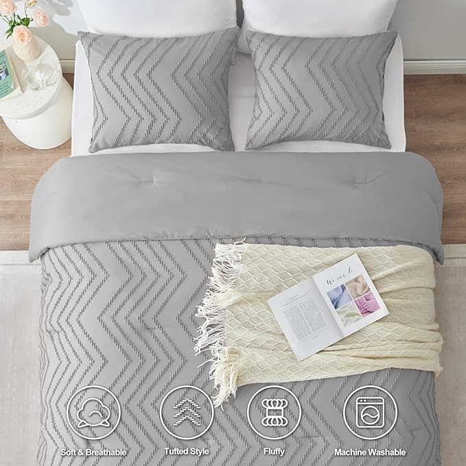 CozyLux Full Size Comforter Set Light Grey - 3 Pieces Boho Tufted Shabby Chic Bedding Comforter Set for All Seasons, Chevron Bedding Sets with Comforter & 2 Pillow Shams - LeafyLoom