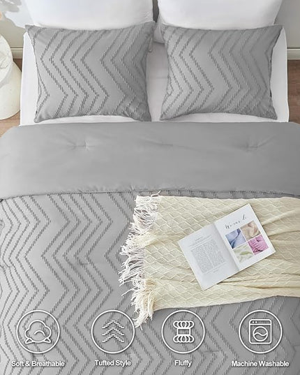 CozyLux King Size Comforter Set Light Grey - 3 Pieces Boho Tufted Shabby Chic Bedding Comforter Set for All Seasons, Chevron Bedding Sets with Comforter & 2 Pillow Shams - LeafyLoom
