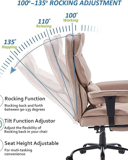Fabric Office Chair, Big and Tall Office Chair 400 lb Weight Capacity, High Back Executive Office Chair with Foot Rest, Ergonomic Office Chair for Back Pain Relief, Beige - LeafyLoom