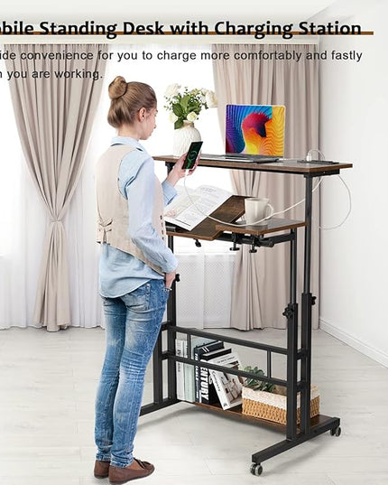 Hadulcet Mobile Standing Desk with Charging Station, Stand Up Laptop Desk Mobile Workstation for Home Office Classroom with Wheels, 31.49 x 23.6 in Rustic Brown - LeafyLoom