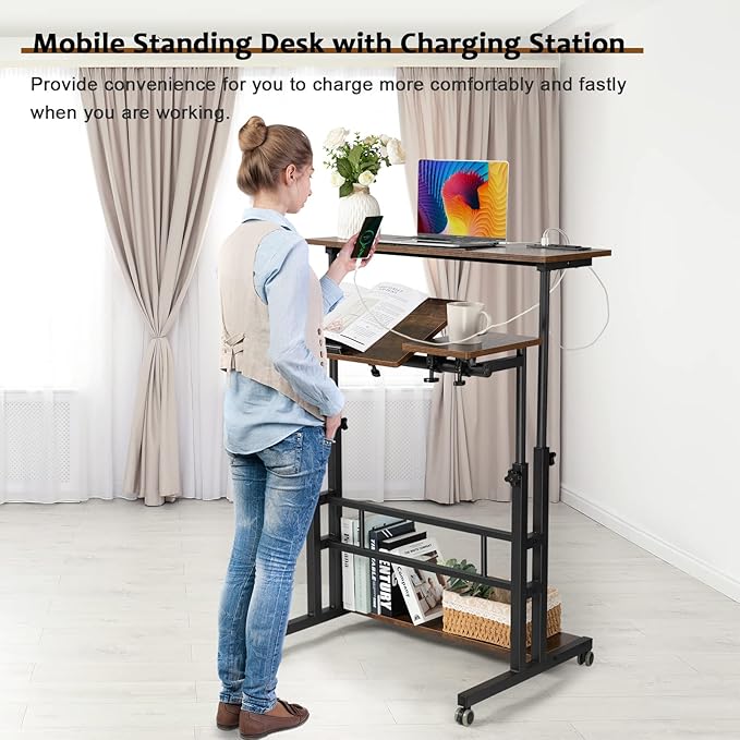 Hadulcet Mobile Standing Desk with Charging Station, Stand Up Laptop Desk Mobile Workstation for Home Office Classroom with Wheels, 31.49 x 23.6 in Rustic Brown - LeafyLoom