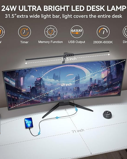 LED Desk Lamp with Clamp for Home Office, 24W Ultra Bright 7 Stepless Dimming/5 Color Modes/Timer, Architect Modern Table Lamp with Touch and Remote Control USB Charging Port for Study Reading - LeafyLoom