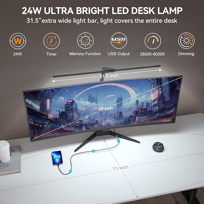 LED Desk Lamp with Clamp for Home Office, 24W Ultra Bright 7 Stepless Dimming/5 Color Modes/Timer, Architect Modern Table Lamp with Touch and Remote Control USB Charging Port for Study Reading - LeafyLoom