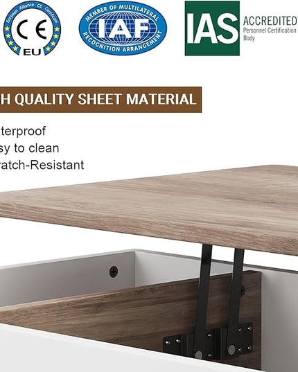 Shintenchi Coffee Table, Lift Top Coffee Table with Hidden Compartment, Rising Tabletop Dining Table, Lift Top Coffee Center Table for for Living Room, Office, Home (Ivory) - LeafyLoom