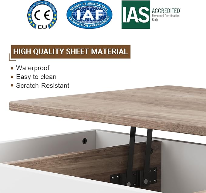 Shintenchi Coffee Table, Lift Top Coffee Table with Hidden Compartment, Rising Tabletop Dining Table, Lift Top Coffee Center Table for for Living Room, Office, Home (Ivory) - LeafyLoom