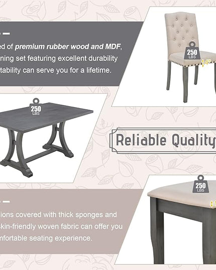 60 Inch Dining Table Set for 6, Farmhouse Rectangular Trestle Dining Table with 4 Upholstered Chairs & 1 Bench, Dining Room Table Set for Dining Room/Living Room, Antique Grey - LeafyLoom