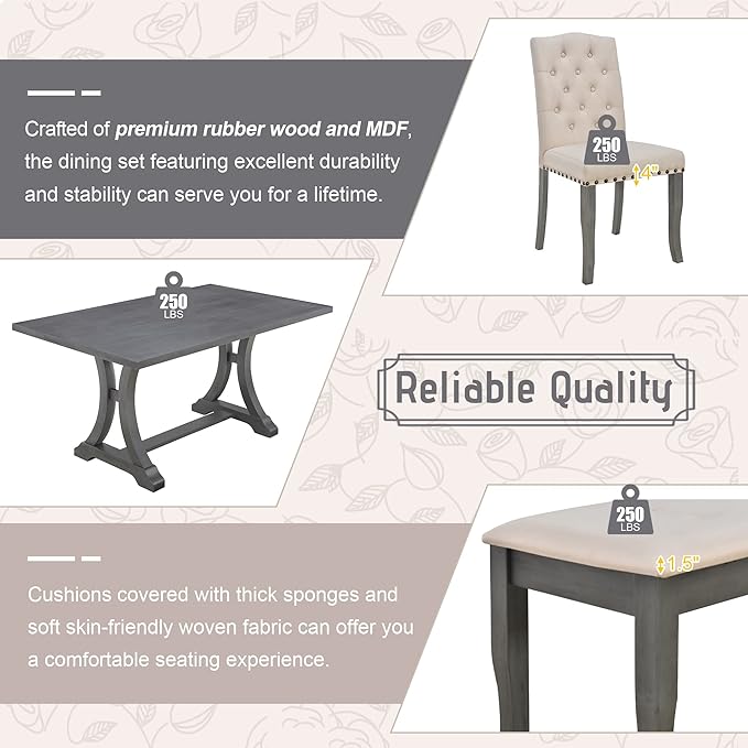 60 Inch Dining Table Set for 6, Farmhouse Rectangular Trestle Dining Table with 4 Upholstered Chairs & 1 Bench, Dining Room Table Set for Dining Room/Living Room, Antique Grey - LeafyLoom