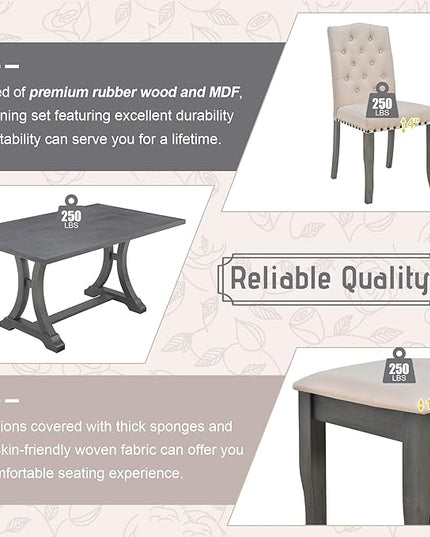 Retro Rustic Farmhouse, Rectangular TrestleTable and Bench&4 Upholstered Chairs, Wooden Kitchen Furniture Room, 6 Piece Dining Table Set, Antique Gray 29 - LeafyLoom