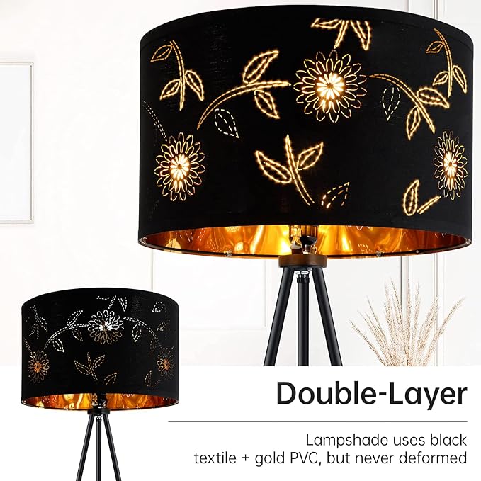 BoostArea Flower Tripod Floor Lamp, Mid Century, 8W LED Bulb, Decorative Lamp Shade, Black Metal Pole, Suitable for Living Room, Bedroom, Study, Office - LeafyLoom