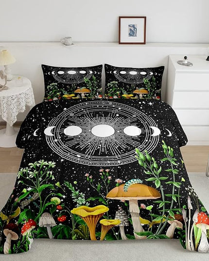 Cute Mushroom Comforter Set Sun and Moon All Season Down Comforter for Kids Boys Girls Teens Trippy Decor Boho Galaxy Constellations Bedding Set Starry Sky Wild Flowers Quilt Set Room Decor Full Size - LeafyLoom