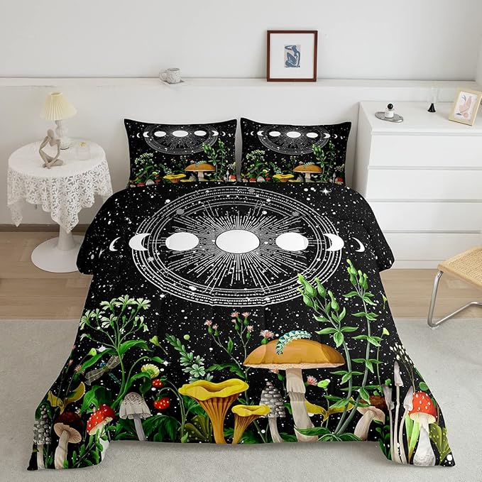 Cute Mushroom Comforter Set Sun and Moon All Season Down Comforter for Kids Boys Girls Teens Trippy Decor Boho Galaxy Constellations Bedding Set Starry Sky Wild Flowers Quilt Set Room Decor Full Size - LeafyLoom