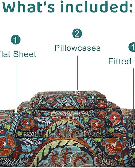 QSH Boho Sheets King Size - 100% Egyptian Cotton Bohemian Patterned Sheets Printed Bedding King Size Bed Sheets 17.5" Extra Deep Pocket 4pcs - LeafyLoom