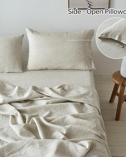 Simple&Opulence 100% Belgian Linen Sheet Set Handmade Hemstitch Linen Twin Size Bed Sheet-3 Piece (1 Flat Sheet+1 Fitted Sheet+1 Pillowcase)-Natural Flax Farmhouse Bedding - LeafyLoom