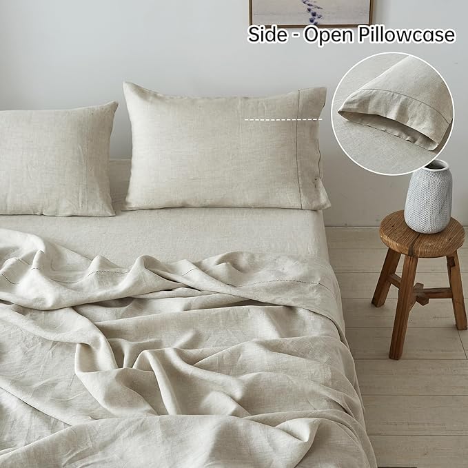 Simple&Opulence 100% Belgian Linen Sheet Set Handmade Hemstitch Linen Twin Size Bed Sheet-3 Piece (1 Flat Sheet+1 Fitted Sheet+1 Pillowcase)-Natural Flax Farmhouse Bedding - LeafyLoom